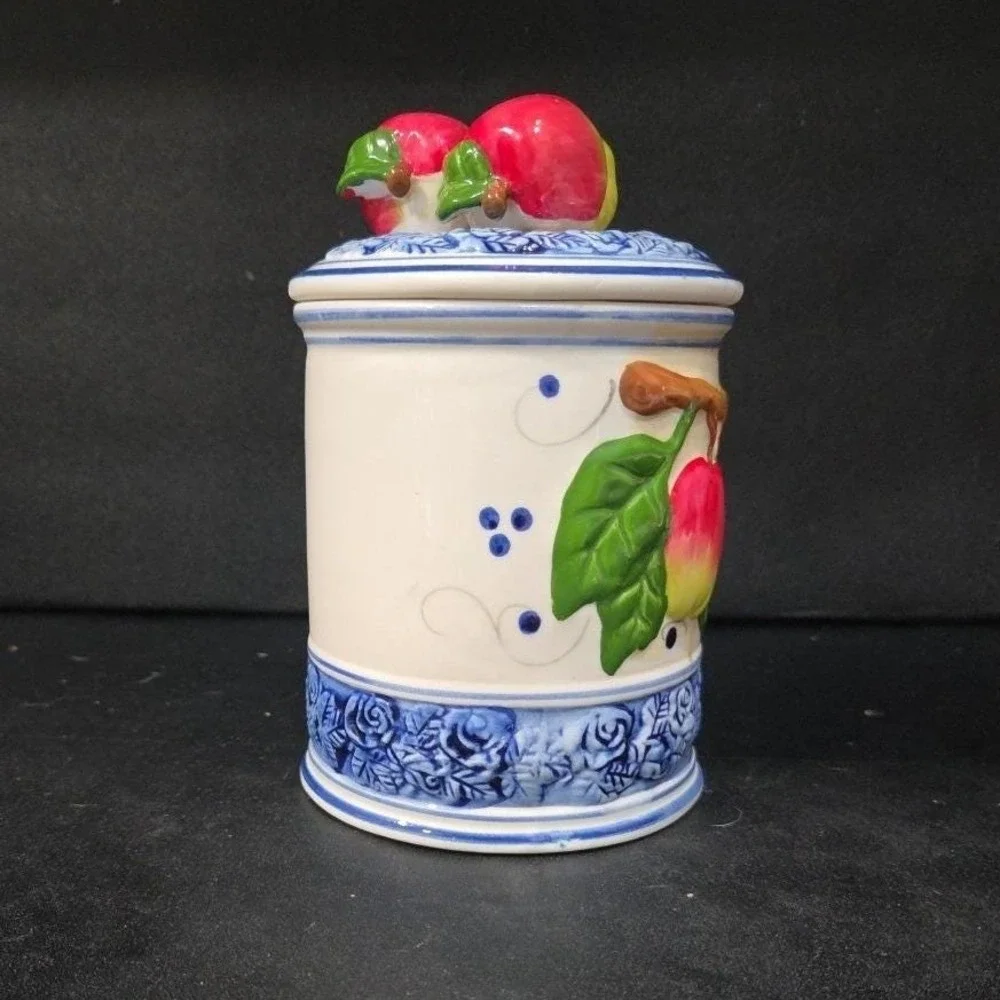 Kiln‎ Fired Clay Medium Apple Canister, Vintage Hand-Painted Kitchen Storage